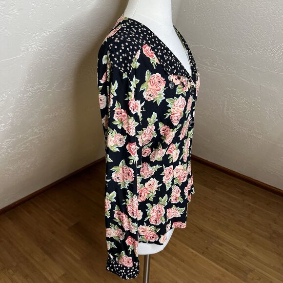 VTG Carol Little Button Down Top Womens 12 Black Pink Floral Beaded Notch Collar - Picture 8 of 10
